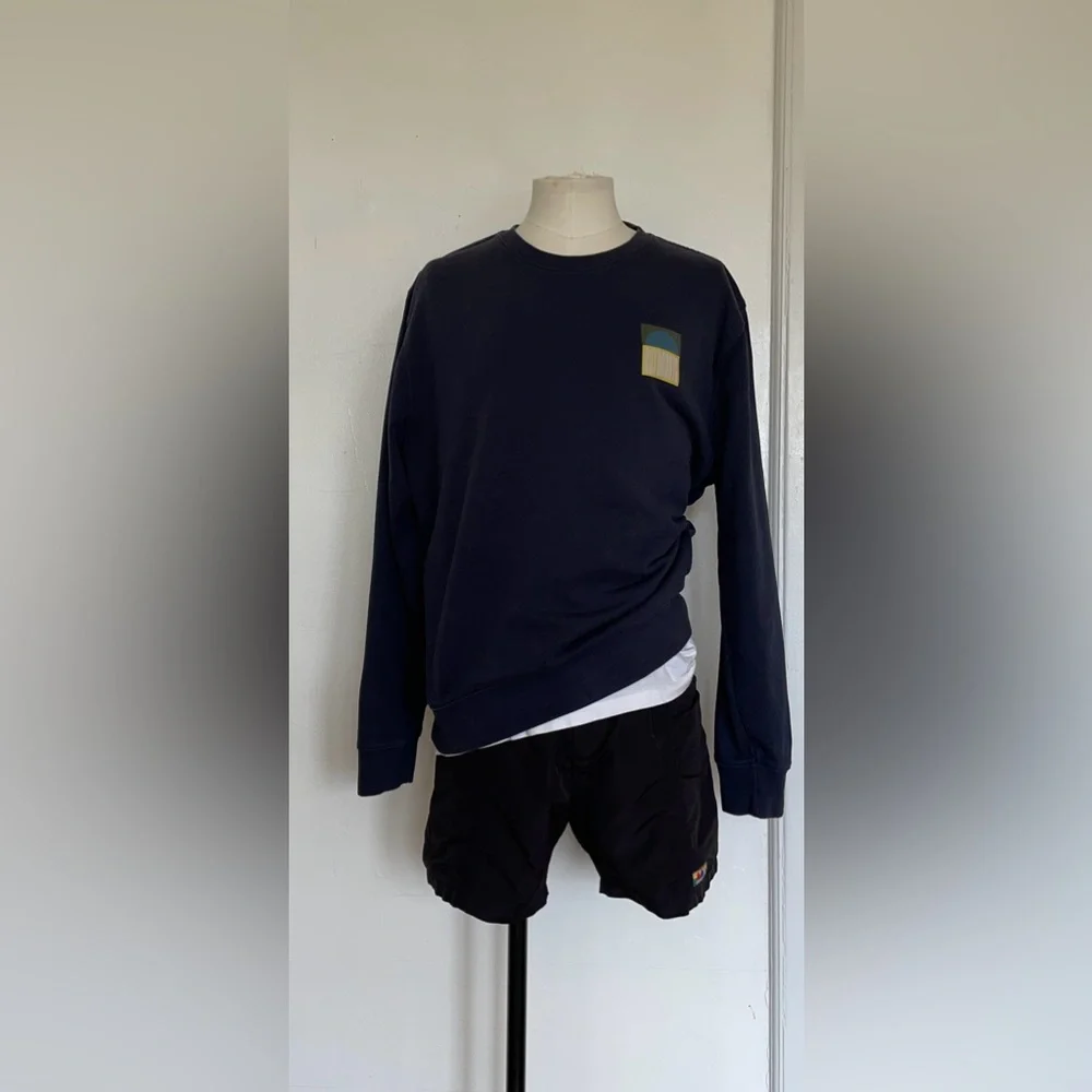 SATURDAYS NYC FRENCH TERRY BOWERY SUN GRAPHIC SWEATSHIRT NAVY BLUE BOYFRIEND - Picture 8 of 9